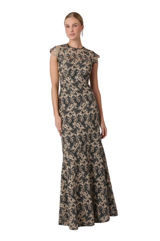 Shoshanna Raven Dress in jet black and gold featuring a metallic pattern, fitted silhouette, short sleeves, and floor-length flared hem.