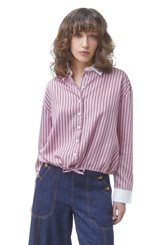 Suncoo Lake Blouse in Rose featuring pink stripes, a pointed collar, button front, long sleeves, and contrast white cuffs.