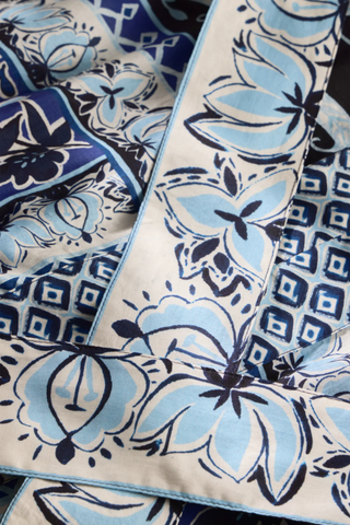 Close-up of blue and white floral patterned fabric
