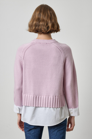 Lilla P Mixed Media Crewneck Sweater in Sugarplum pink featuring a relaxed knit silhouette with layered white poplin shirting.