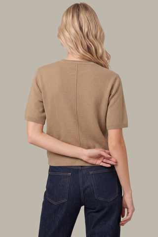 525 America Colette Cashmere Sweater Tee in Camel Heather featuring a relaxed boxy silhouette, short sleeves, and soft 100% cashmere knit.