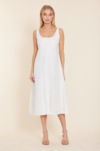 Dolce Cabo white linen maxi dress with square neckline and eyelet cutout detailing