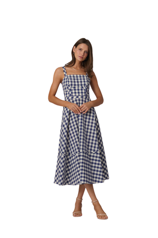 Shoshanna Kaydence dress in navy and optic with sleeveless fit and flare silhouette