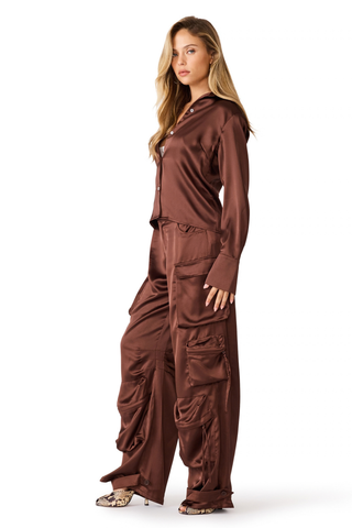 Steve Madden Mare Top in Shaved Chocolate featuring a rich brown finish, collared neckline, button front, and long sleeves.