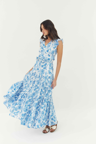 Teigan Skirt white and blue chinoiserie tiered maxi skirt with ruffle details from Hutch