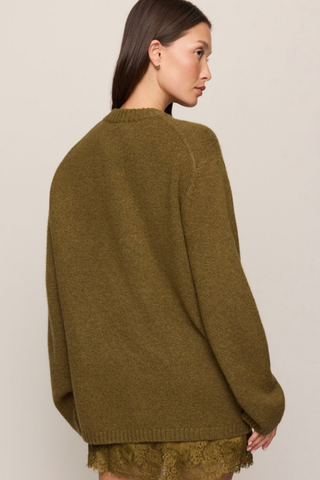Z Supply Chill Mode Sweater in Golden Sage featuring a relaxed crewneck silhouette, dropped shoulders, and soft fluffy knit.