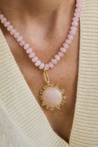 Mignonne Gavigan Semi Precious Odyssey Necklace in Pink featuring rose quartz beads and a removable compass charm.