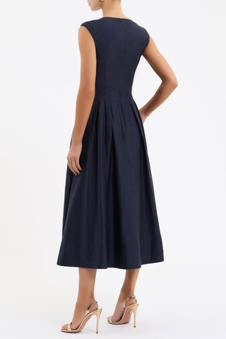 Rebecca Vallance Serenity Midi Dress in navy with sweetheart neckline, front cut out, cap sleeves, and full midi skirt