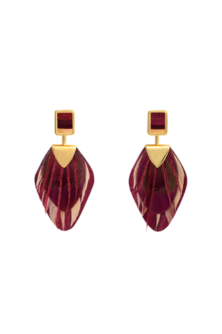 Brackish Diana Drop Earrings featuring rich burgundy goose, peacock, and rooster feathers with elegant 18k gold-plated hardware.