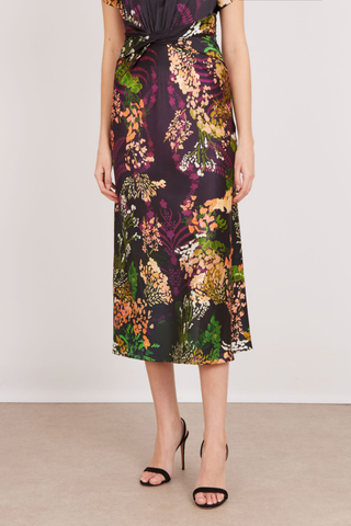 SALONI Fleur Dress in Aquarelle featuring a multicolor floral print, short flutter sleeves, defined waist, and midi-length skirt.