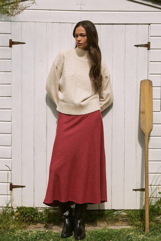 Z Supply Crestview Plaid Skirt in Red Dahlia featuring a bias-cut midi silhouette, soft plaid fabric, and elastic waistband.