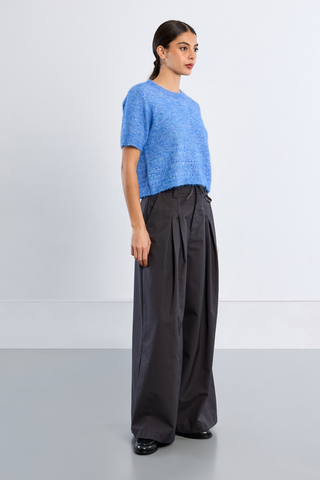 Molly Bracken Knitted Sweater in bright blue with short sleeves, crew neckline, and relaxed fit.