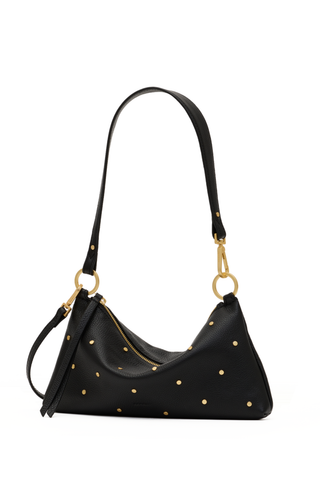 Hammitt Kyle Handbag in Starlight featuring black pebbled leather, mini gold rivets, brushed gold hardware, and a convertible shoulder strap.