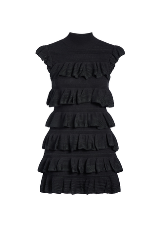 Hailey Dress in Caviar featuring a black mini silhouette with a high neckline, cap sleeves, and tiered ruffle detailing.