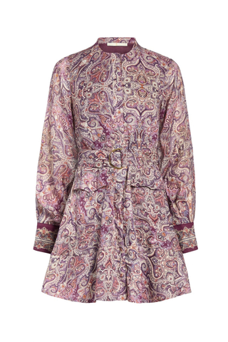 Marie Oliver Hughes Dress in Wisteria featuring a purple paisley print, long sleeves, patch pockets, and optional waist belt.
