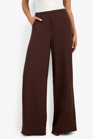 Brown wide-leg pants worn by a person on a white background