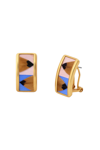 Brackish Sloane Frame Stud Earrings with handcrafted feather detailing in champagne, sky blue, and pheasant tones with matte gold frame