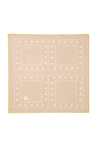 Kerri Rosenthal Cashmere Bandana in Camel featuring soft neutral featherweight cashmere with Imperfect Hearts artwork and fringe edging.