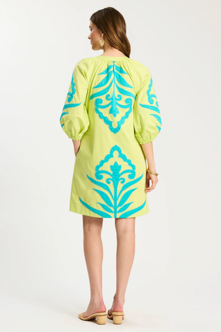 Tyler Böe Sara applique dress in lime green with textured detailing and relaxed silhouette
