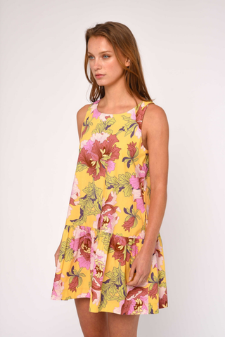 Love the Label Jasmyn Mini Dress Modern Dandy Liberty Print yellow floral sleeveless mini dress with drop waist and flounced hem