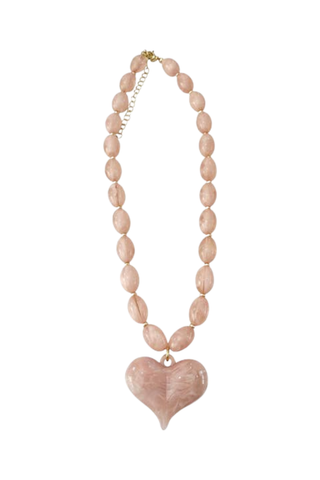 Gemelli Roxie Beaded Necklace in Pink with glossy blush beads and oversized heart pendant.
