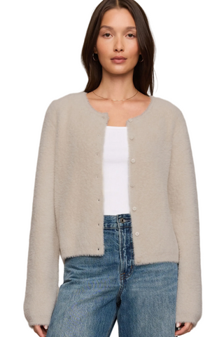 Z Supply Winterglow Fluffy Cardigan in Frosted Pearl featuring a soft beige knit, crew neckline, button front, and long sleeves.