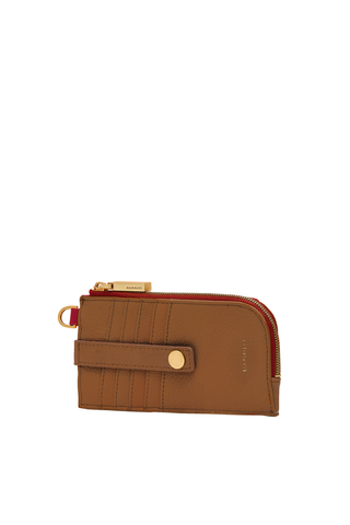 Hammitt 210 East Wallet in mahogany brown pebbled leather with brushed gold hardware and card slots.