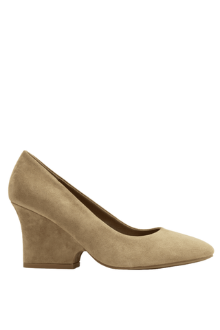 Cecelia New York Nubia Heel in Sand with suede upper, round toe, slip-on pump silhouette, and sculptural wedge heel.