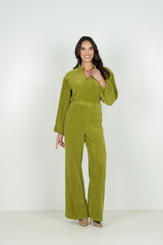 Emily McCarthy Lolli Top in Cardamom green featuring an open neckline, long voluminous sleeves, gathered cuffs, and relaxed fit.