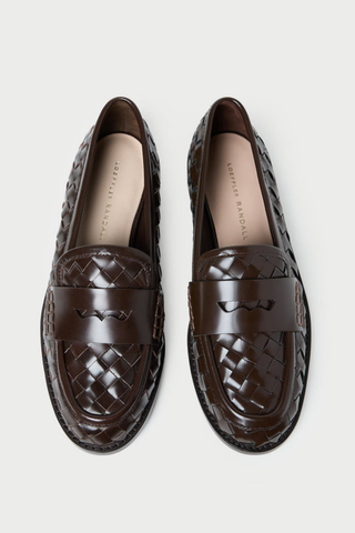 Loeffler Randall Rachel Woven Loafer in espresso brown woven Italian leather with a round toe and low stacked heel.