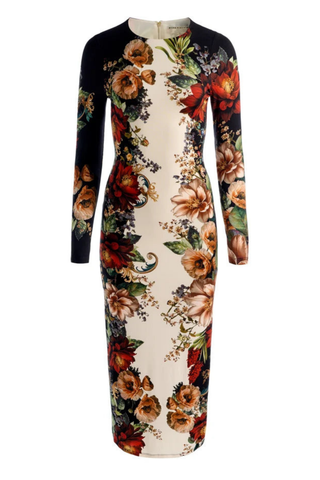 Alice + Olivia Delora Midi Dress in Floral Radiance featuring a multicolor floral print, long sleeves, and fitted midi silhouette.