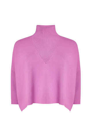 Claudie Popover in Iris featuring a cropped purple knit silhouette, mock neckline, and three-quarter batwing sleeves.