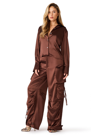 Steve Madden Mare Top in Shaved Chocolate featuring a rich brown finish, collared neckline, button front, and long sleeves.
