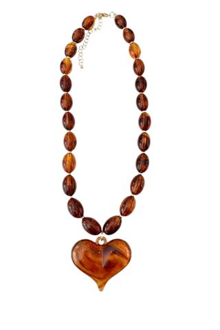 Gemelli Roxie Beaded Necklace in Tortoise with glossy tortoise beads and oversized heart pendant.