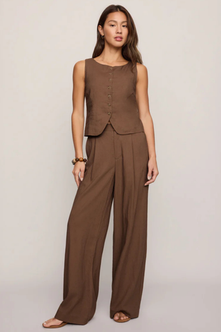 Z Supply Roman Linen Vest in Palo Santo featuring a sleeveless silhouette, button-front detail, and lightweight washed linen blend fabric