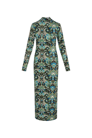 Misa Mitra Dress in Reflective Chintz featuring an ornate teal printed stretch jersey, fitted long sleeves, and bodycon maxi silhouette.