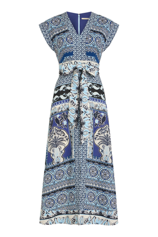 Patterned dress with a belt on a white background