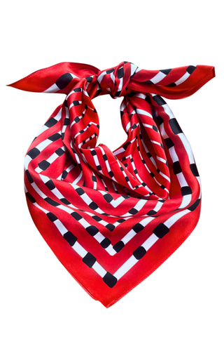 Swells Red + Black 26-inch silk scarf featuring a graphic red and black square print.