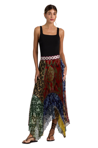 Alice + Olivia Katz Midi Skirt in Off The Grid multicolor print with a contrasting waistband and flowing asymmetrical hem.