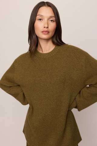 Z Supply Chill Mode Sweater in Golden Sage featuring a relaxed crewneck silhouette, dropped shoulders, and soft fluffy knit.