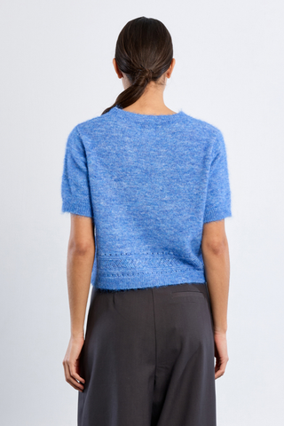 Molly Bracken Knitted Sweater in bright blue with short sleeves, crew neckline, and relaxed fit.