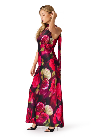 Steve Madden Jaiden Dress in Deco Rose featuring a pink and red floral satin print, halter scarf neckline, cutaway shoulders, and maxi silhouette.