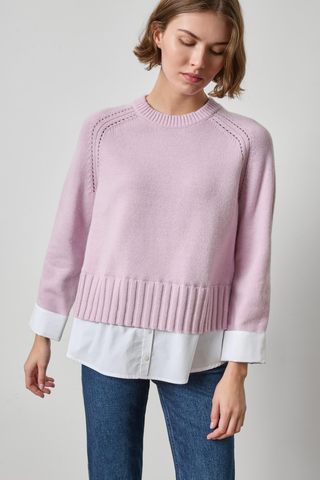 Lilla P Mixed Media Crewneck Sweater in Sugarplum pink featuring a relaxed knit silhouette with layered white poplin shirting.
