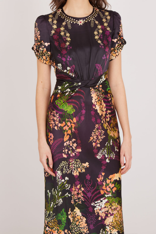 SALONI Fleur Dress in Aquarelle featuring a multicolor floral print, short flutter sleeves, defined waist, and midi-length skirt.