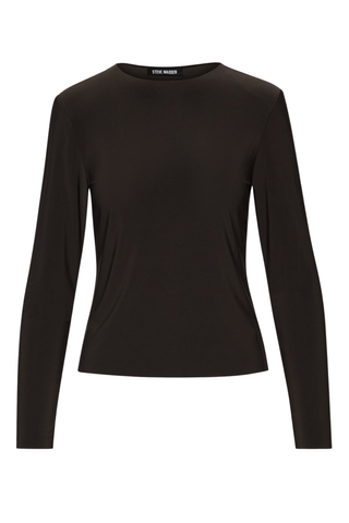 Steve Madden Seline Knit Top in Dark Espresso, a fitted dark brown long-sleeve top with a scoop neckline.