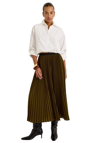 Marie Oliver Wesley Skirt in Juniper Green featuring a pleated A-line maxi silhouette and contrasting black waistband.