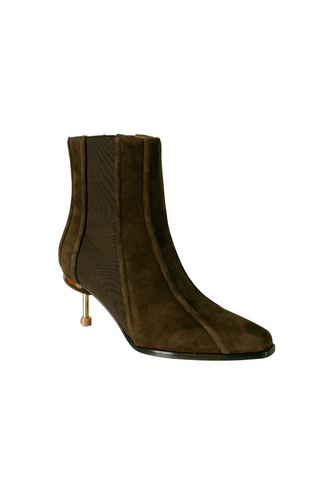 4CCCCEES Osha Corsa Bootie in Chocolate, a dark brown pointed toe ankle boot with a slim heel and side zip.