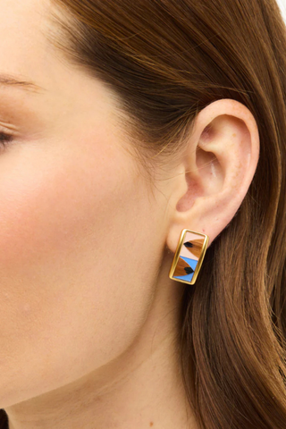 Brackish Sloane Frame Stud Earrings with handcrafted feather detailing in champagne, sky blue, and pheasant tones with matte gold frame