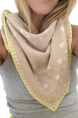 Kerri Rosenthal Cashmere Bandana in Camel featuring soft neutral featherweight cashmere with Imperfect Hearts artwork and fringe edging.