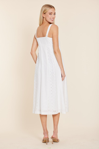 Dolce Cabo white linen maxi dress with square neckline and eyelet cutout detailing